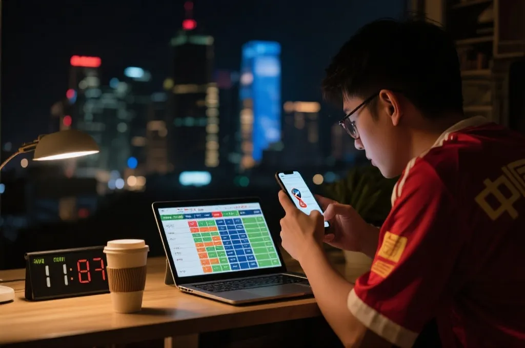 中国球迷在深夜通过手机追踪世界杯赛程与积分榜