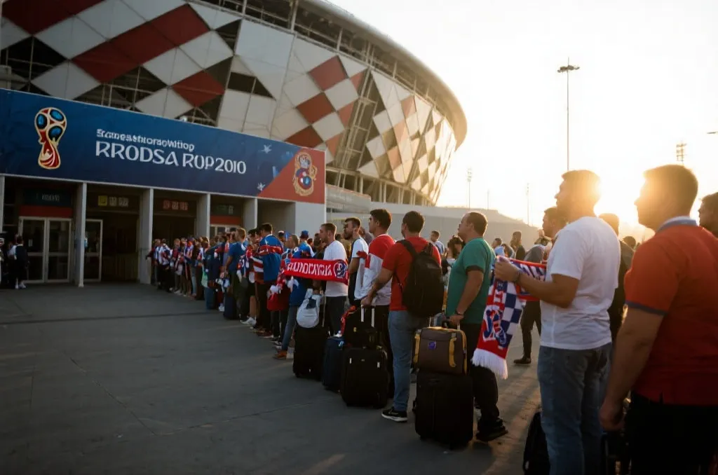 世界杯球迷在球场外准备入场的旅行场景
